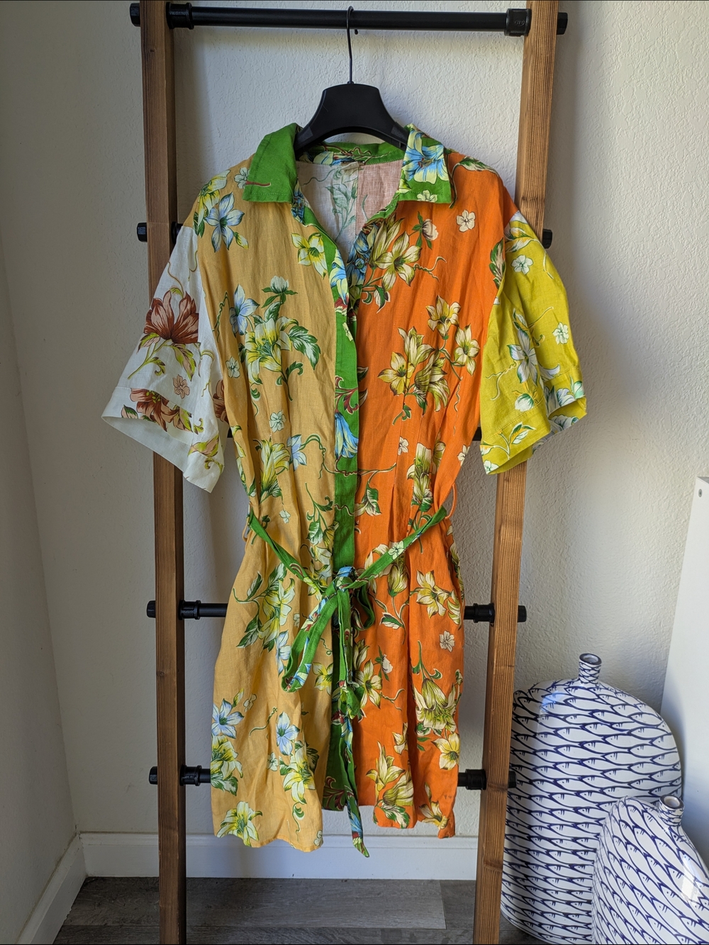 Magaschoni Women's Multicolor Floral 100% Linen Mini Dress - Size M